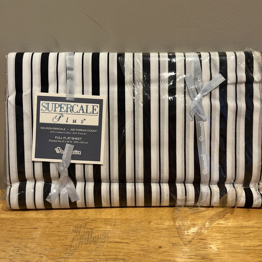 Wamsutta Plus Stripe Black White Full Flat Sheet Percale Cotton Blend 200 TC Vtg